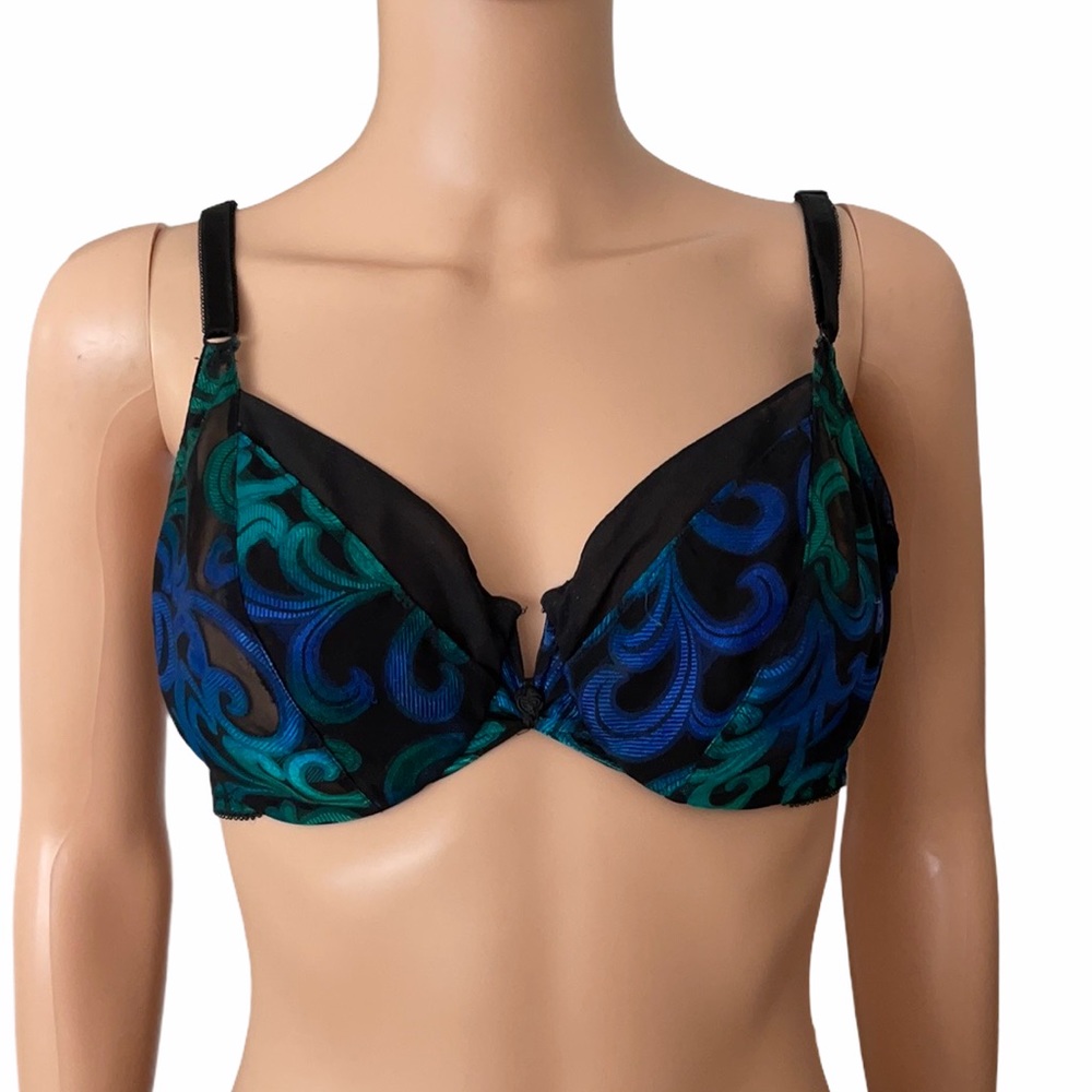 Vintage Oscar de la Renta Blue Green Swirl Satin Mesh Bra 36C Sheer Trim